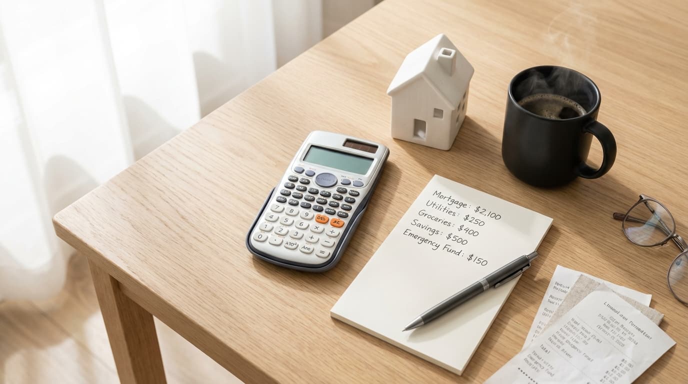 Calculator and house keys on a table representing home affordability