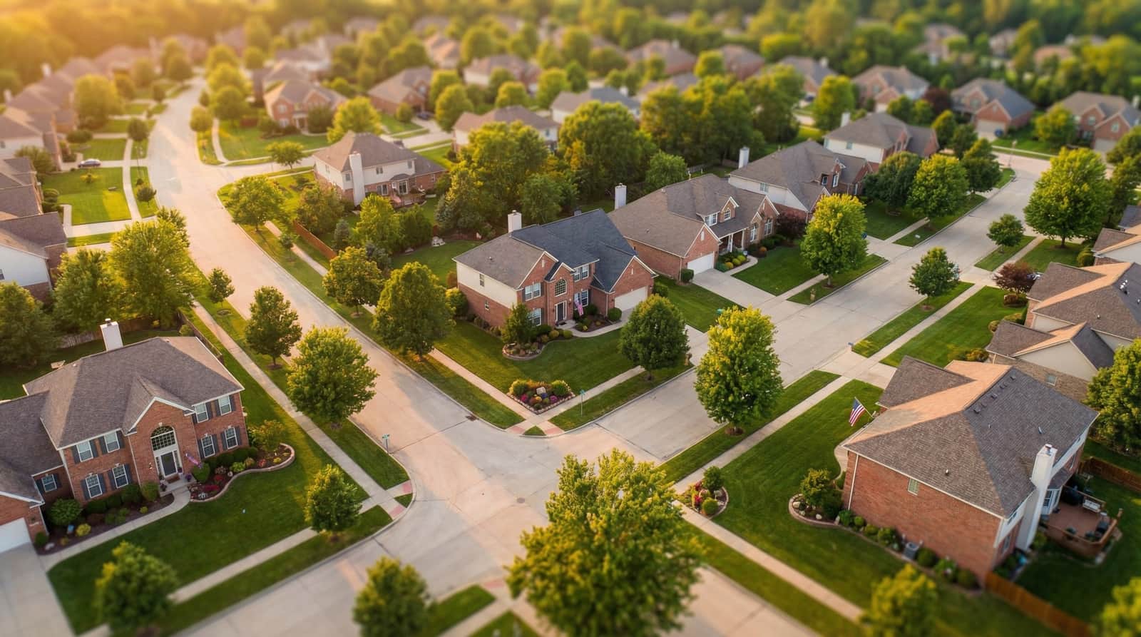 Welcoming American residential neighborhood at golden hour