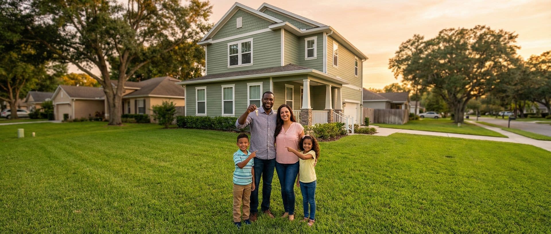 Family holding keys in front of their new home at golden hour