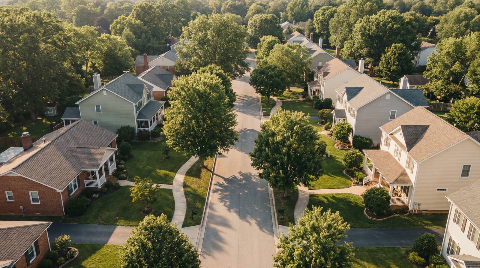 Aerial view of a welcoming Midwest neighborhood with tree-lined streets