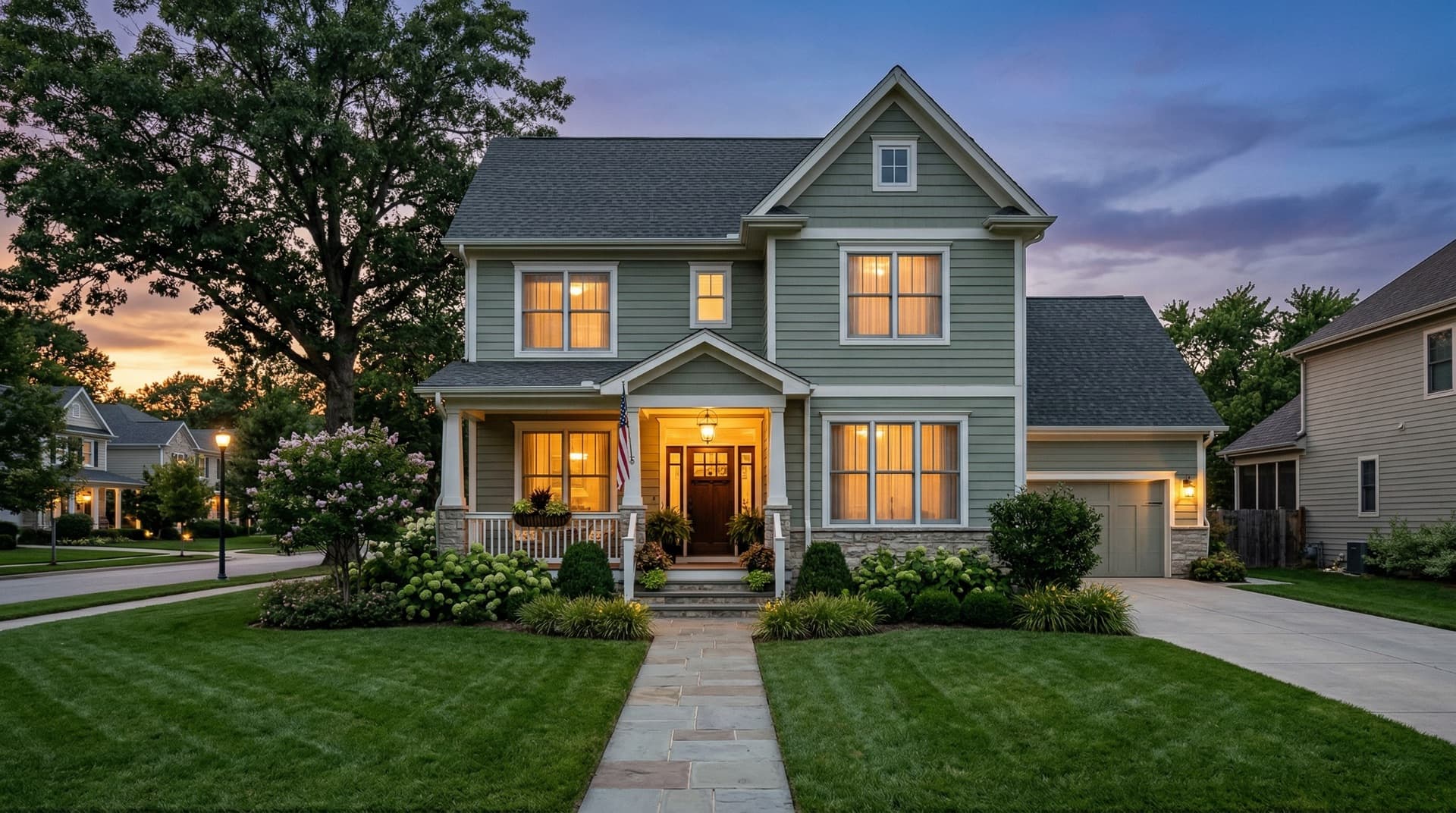 Beautiful home at twilight with warm interior lighting
